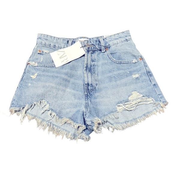 Zara Womens Blue Jean Denim High Rise Curved Shorts Size 2 Distressed Frayed Hem - Picture 9 of 9